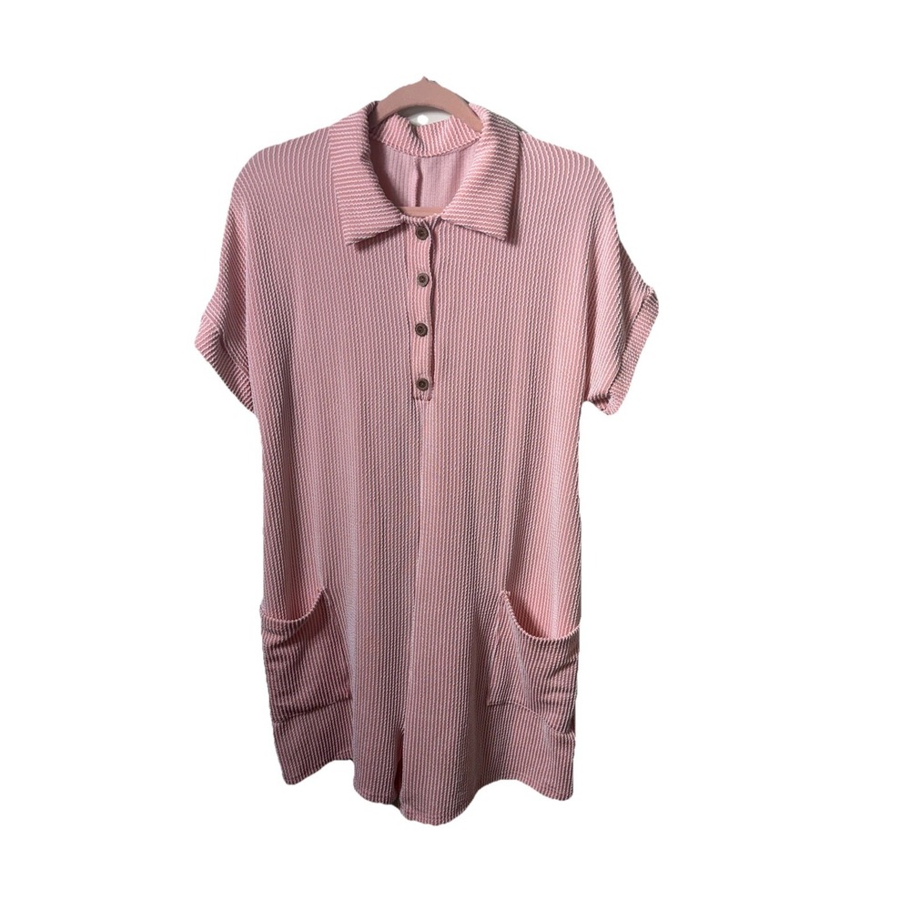 Womens Light Pink Ribbed Knit Polo Collar Button Romper Size M